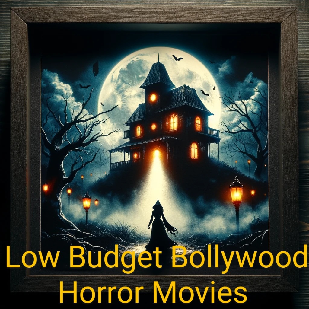 "Poster collage of 10 best low-budget Bollywood horror movies, featuring iconic scenes from classics like Veerana, Purana Mandir, Tumbbad, and Mahal.